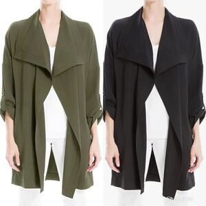 Max Studio Plus Size Twill Draped Long Jacket, Ash Gray Grey